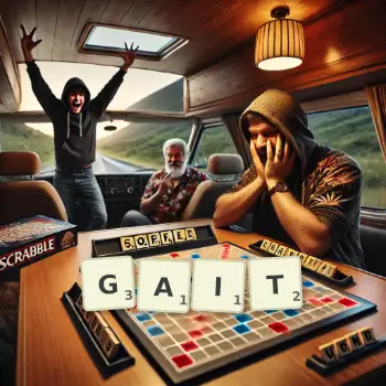 Creative illustration for a Scrabble game with the word GAIT spelled out in tiles on the board.