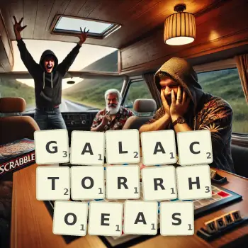 Creative illustration for a Scrabble game with the word GALACTORRHOEAS spelled out in tiles on the board.