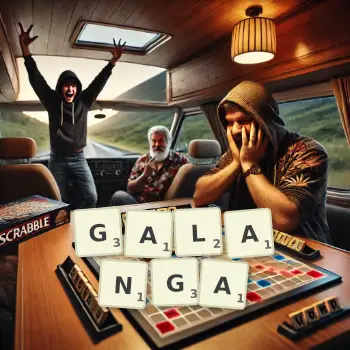 Creative illustration for a Scrabble game with the word GALANGA spelled out in tiles on the board.