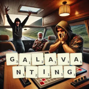 Creative illustration for a Scrabble game with the word GALAVANTING spelled out in tiles on the board.