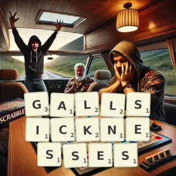 Creative illustration for a Scrabble game with the word GALLSICKNESSES spelled out in tiles on the board.