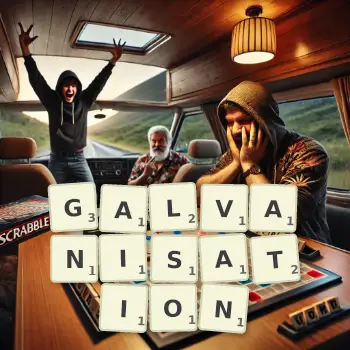 Creative illustration for a Scrabble game with the word GALVANISATION spelled out in tiles on the board.