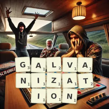 Creative illustration for a Scrabble game with the word GALVANIZATION spelled out in tiles on the board.