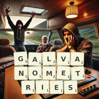 Creative illustration for a Scrabble game with the word GALVANOMETRIES spelled out in tiles on the board.