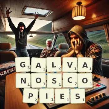 Creative illustration for a Scrabble game with the word GALVANOSCOPIES spelled out in tiles on the board.