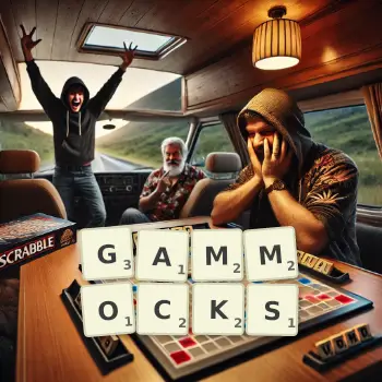 Creative illustration for a Scrabble game with the word GAMMOCKS spelled out in tiles on the board.