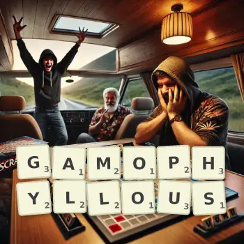 Creative illustration for a Scrabble game with the word GAMOPHYLLOUS spelled out in tiles on the board.
