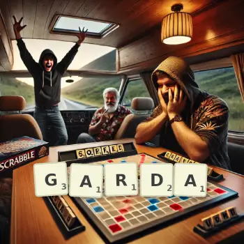 Creative illustration for a Scrabble game with the word GARDA spelled out in tiles on the board.