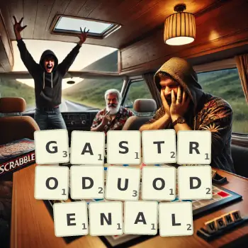 Creative illustration for a Scrabble game with the word GASTRODUODENAL spelled out in tiles on the board.