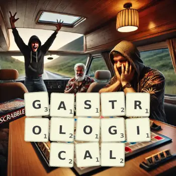 Creative illustration for a Scrabble game with the word GASTROLOGICAL spelled out in tiles on the board.