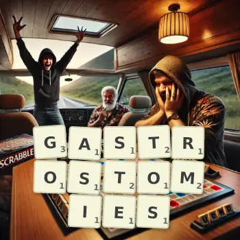Creative illustration for a Scrabble game with the word GASTROSTOMIES spelled out in tiles on the board.