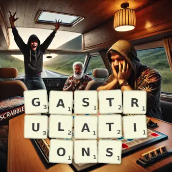 Creative illustration for a Scrabble game with the word GASTRULATIONS spelled out in tiles on the board.