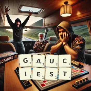 Creative illustration for a Scrabble game with the word GAUCIEST spelled out in tiles on the board.