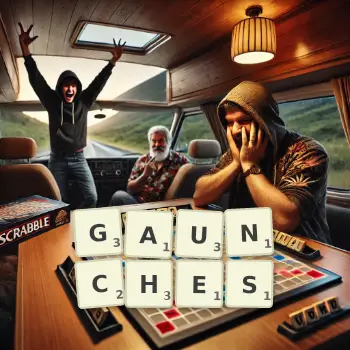 Creative illustration for a Scrabble game with the word GAUNCHES spelled out in tiles on the board.