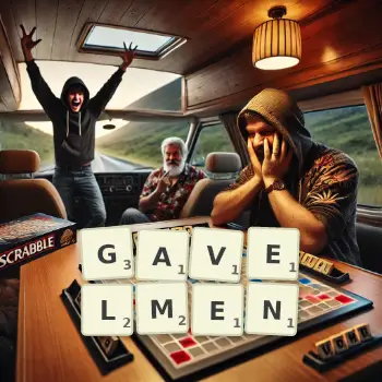 Creative illustration for a Scrabble game with the word GAVELMEN spelled out in tiles on the board.