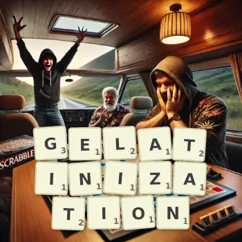 Creative illustration for a Scrabble game with the word GELATINIZATION spelled out in tiles on the board.