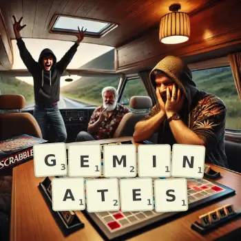 Creative illustration for a Scrabble game with the word GEMINATES spelled out in tiles on the board.