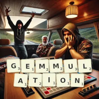 Creative illustration for a Scrabble game with the word GEMMULATION spelled out in tiles on the board.
