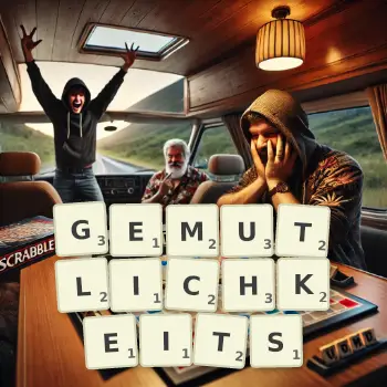 Creative illustration for a Scrabble game with the word GEMUTLICHKEITS spelled out in tiles on the board.