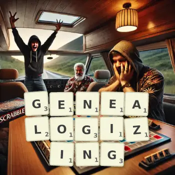 Creative illustration for a Scrabble game with the word GENEALOGIZING spelled out in tiles on the board.