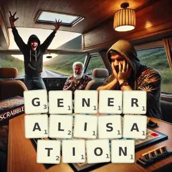 Creative illustration for a Scrabble game with the word GENERALISATION spelled out in tiles on the board.
