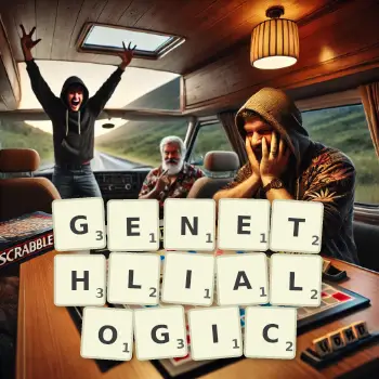 Creative illustration for a Scrabble game with the word GENETHLIALOGIC spelled out in tiles on the board.