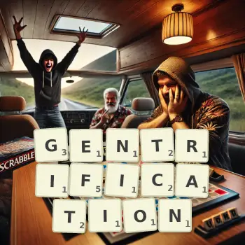 Creative illustration for a Scrabble game with the word GENTRIFICATION spelled out in tiles on the board.