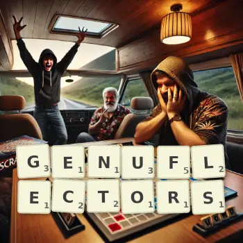 Creative illustration for a Scrabble game with the word GENUFLECTORS spelled out in tiles on the board.