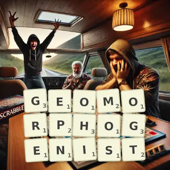 Creative illustration for a Scrabble game with the word GEOMORPHOGENIST spelled out in tiles on the board.