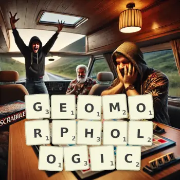 Creative illustration for a Scrabble game with the word GEOMORPHOLOGIC spelled out in tiles on the board.