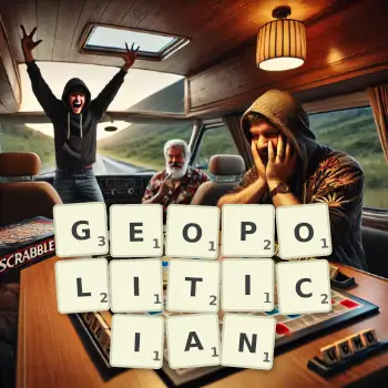 Creative illustration for a Scrabble game with the word GEOPOLITICIAN spelled out in tiles on the board.