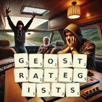 Creative illustration for a Scrabble game with the word GEOSTRATEGISTS spelled out in tiles on the board.