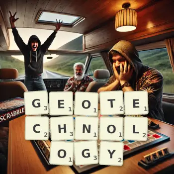 Creative illustration for a Scrabble game with the word GEOTECHNOLOGY spelled out in tiles on the board.