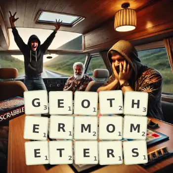 Creative illustration for a Scrabble game with the word GEOTHERMOMETERS spelled out in tiles on the board.