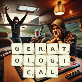 Creative illustration for a Scrabble game with the word GERATOLOGICAL spelled out in tiles on the board.