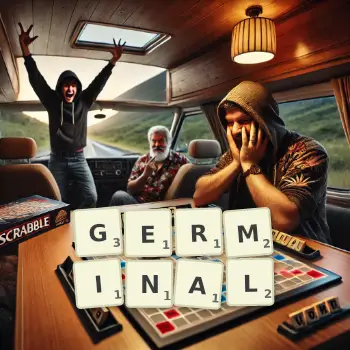 Creative illustration for a Scrabble game with the word GERMINAL spelled out in tiles on the board.