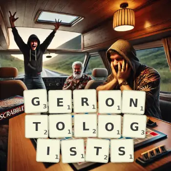 Creative illustration for a Scrabble game with the word GERONTOLOGISTS spelled out in tiles on the board.