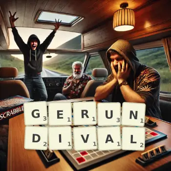 Creative illustration for a Scrabble game with the word GERUNDIVAL spelled out in tiles on the board.