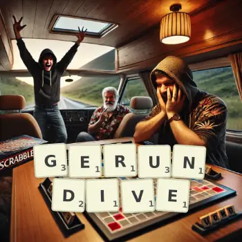 Creative illustration for a Scrabble game with the word GERUNDIVE spelled out in tiles on the board.