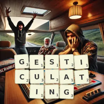 Creative illustration for a Scrabble game with the word GESTICULATING spelled out in tiles on the board.