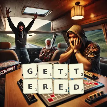 Creative illustration for a Scrabble game with the word GETTERED spelled out in tiles on the board.