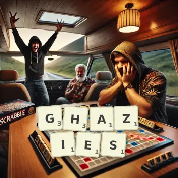 Creative illustration for a Scrabble game with the word GHAZIES spelled out in tiles on the board.