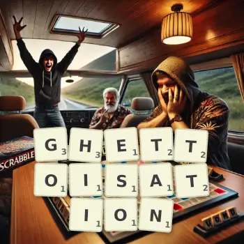 Creative illustration for a Scrabble game with the word GHETTOISATION spelled out in tiles on the board.