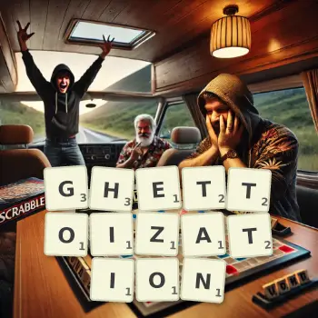 Creative illustration for a Scrabble game with the word GHETTOIZATION spelled out in tiles on the board.