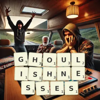 Creative illustration for a Scrabble game with the word GHOULISHNESSES spelled out in tiles on the board.