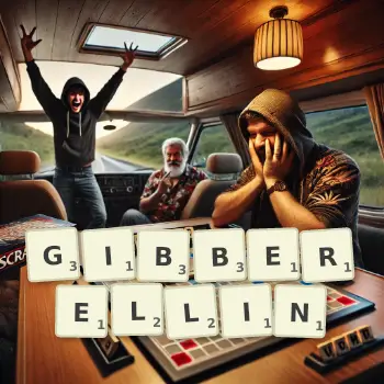 Creative illustration for a Scrabble game with the word GIBBERELLIN spelled out in tiles on the board.