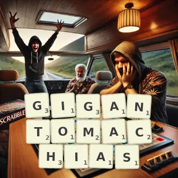 Creative illustration for a Scrabble game with the word GIGANTOMACHIAS spelled out in tiles on the board.