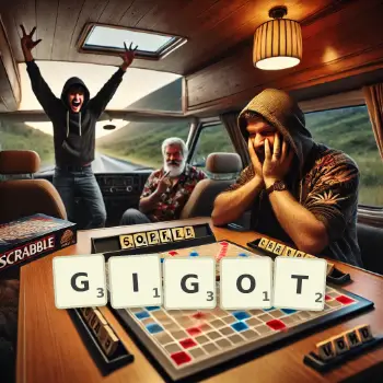 Creative illustration for a Scrabble game with the word GIGOT spelled out in tiles on the board.