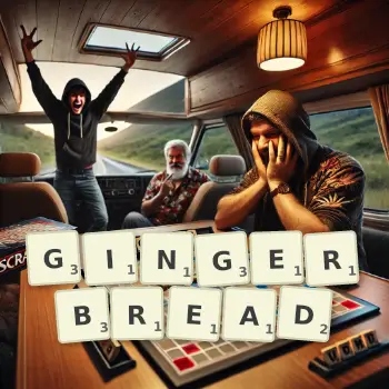 Creative illustration for a Scrabble game with the word GINGERBREAD spelled out in tiles on the board.