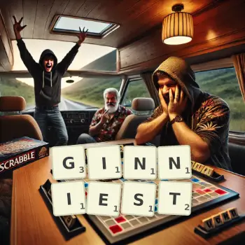 Creative illustration for a Scrabble game with the word GINNIEST spelled out in tiles on the board.